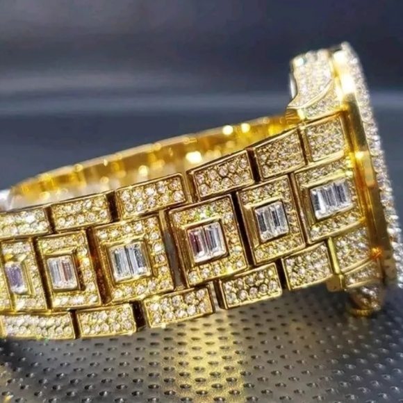 Mens Luxury Iced Out Bling Simulated Diamond CZ GoldPlated Arabic Numera… - Picture 14 of 15